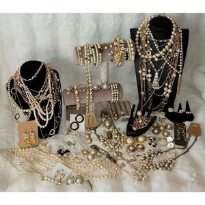 Vintage to Now Jewelry Lot Faux Pearl Goldtone Mixed Wearable Redesign HUGE 80+